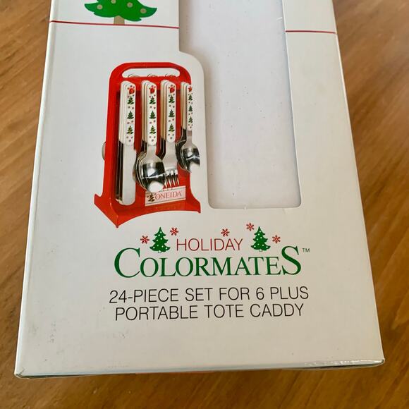 Oneida Colormates Holiday Christmas Tree 24 Piece Set Stainless Silverware Caddy - Picture 13 of 15